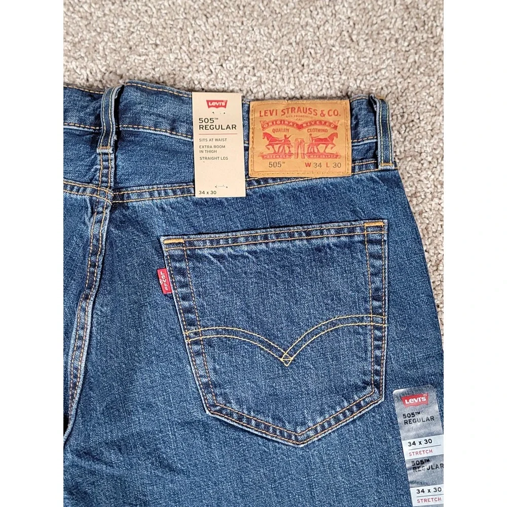 Levi's 505 Jeans Mens 34x30 Regular Fit Stretch Dark Wash Denim Straight NWT $60